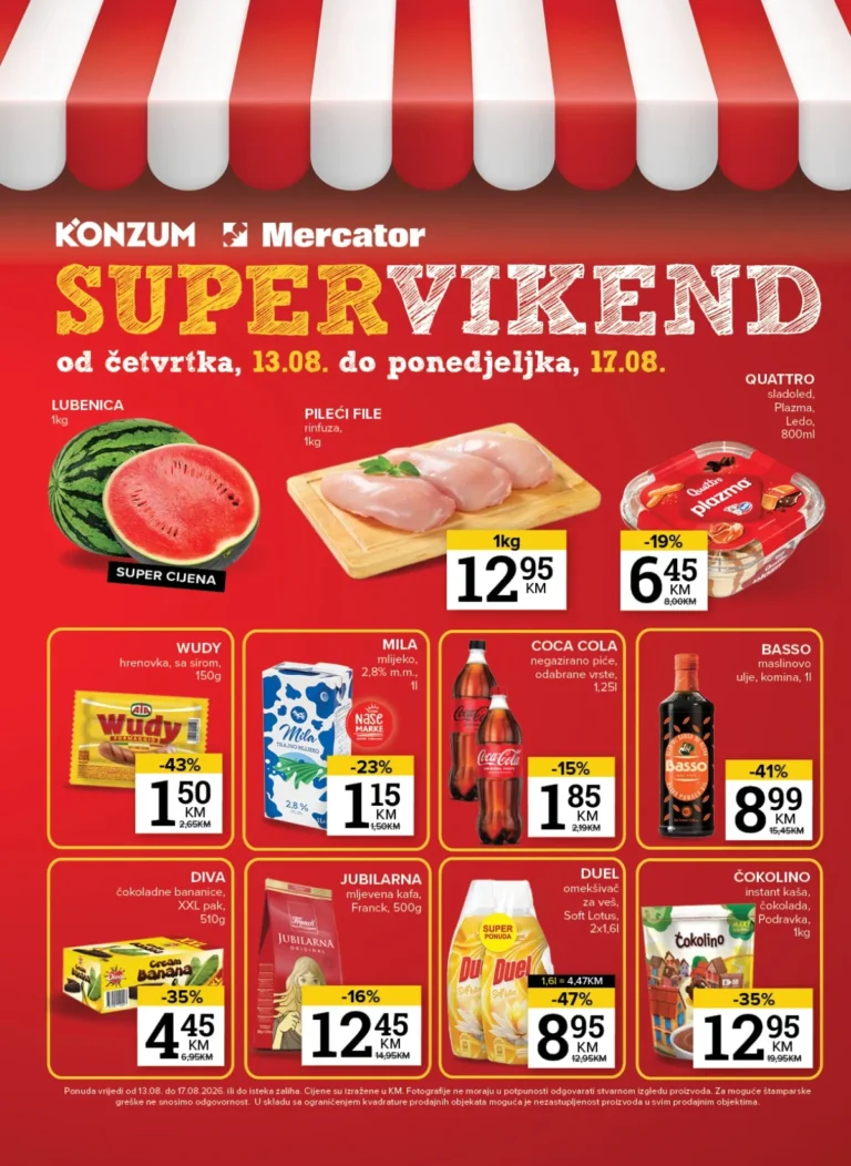Konzum i Mercator katalog akcija strana 1 – važi od 13.8. do 17.8.2026.