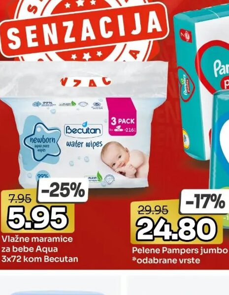 Becutan vlažne maramice za bebe Aqua 3x72 kom
