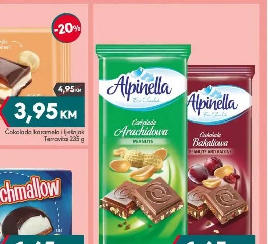 Čokolada s kikirikijem / s lješnjakom i grožđicama Alpinella 90 g