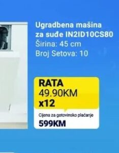 Indesit ugradbena mašina za suđe IN2ID10CS80 45 cm, Kupi Tehniku