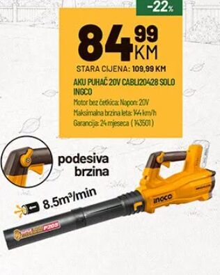 INGCO AKU PUHAČ 20V CABLI20428 SOLO