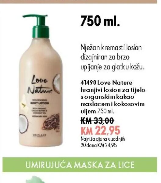 Love Nature hranjivi losion za tijelo s organskim kakao maslacem i kokosovim uljem 750 ml