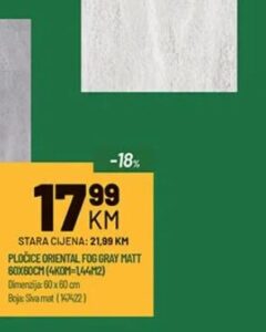 PLOČICE ORIENTAL FOG GRAY MATT 60X60CM 1.44 m2, Zeka Baucentar