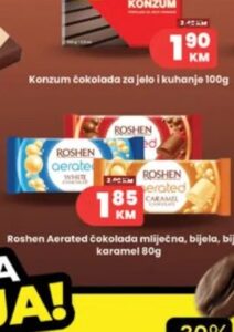 Roshen Aerated čokolada mliječna, bijela, bijela karamel 80g, Hass
