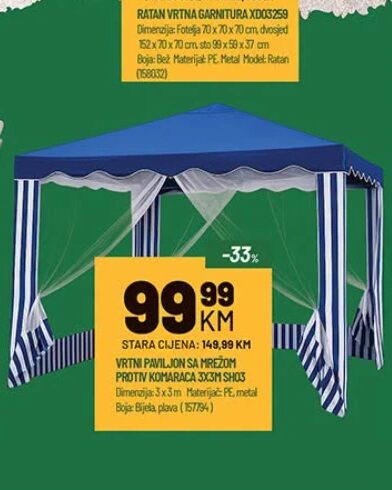Vrtni paviljon sa mrežom protiv komaraca 3x3 m