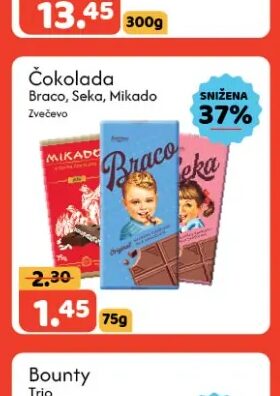 Zvečevo čokolada Braco, Seka, Mikado 75 g